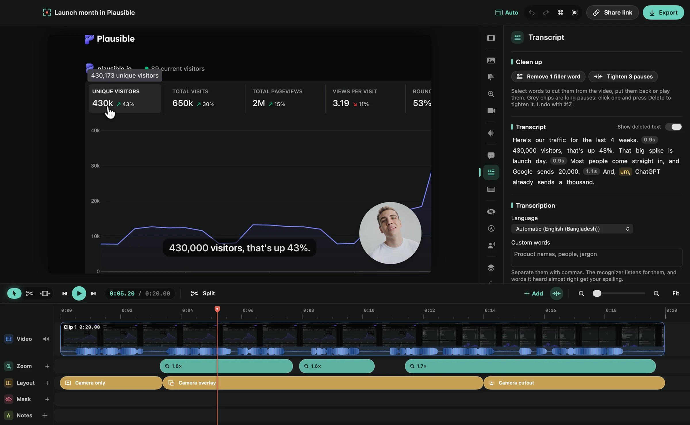 The Framecast editor, with the transcript next to the video