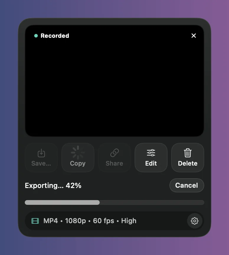 The card exporting the video at 42%, with a Cancel button