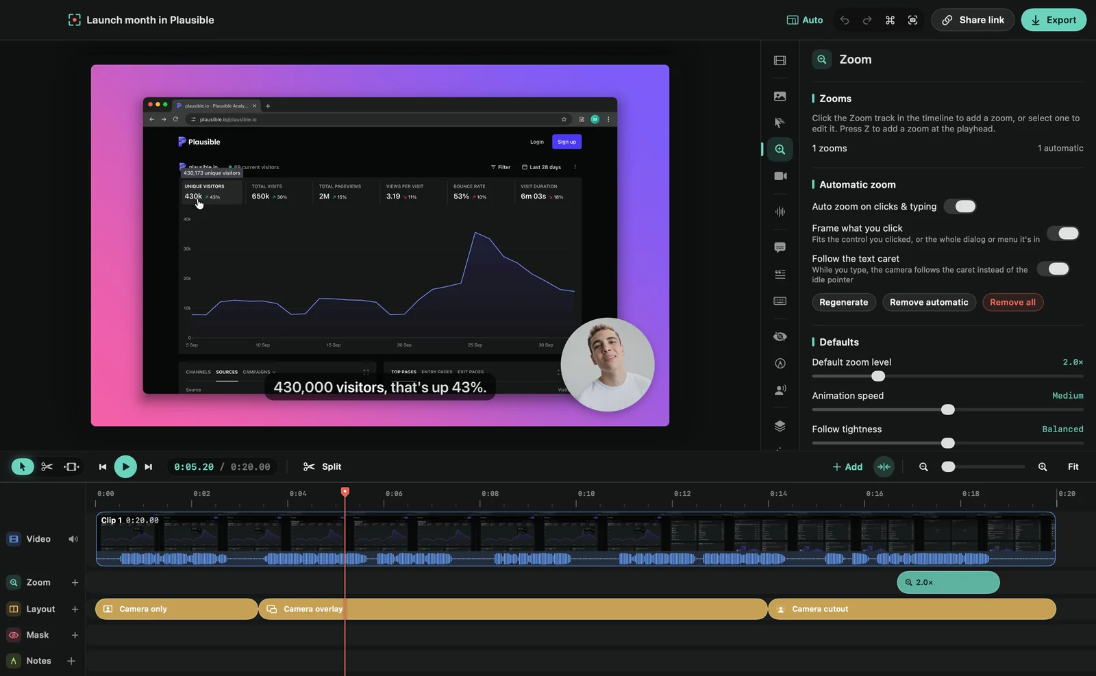 The editor on the Zoom tab, with a zoom selected on the timeline