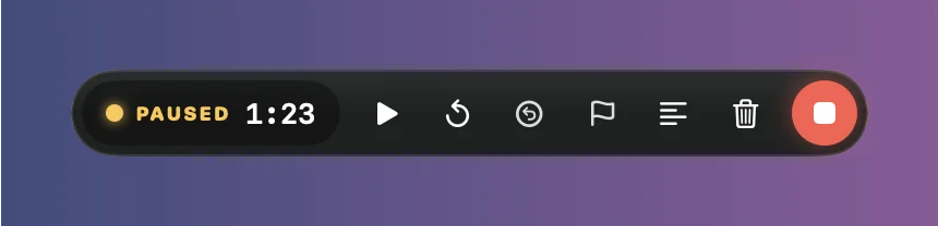 The recording controls while paused: PAUSED, 1:23 and a Play button to resume
