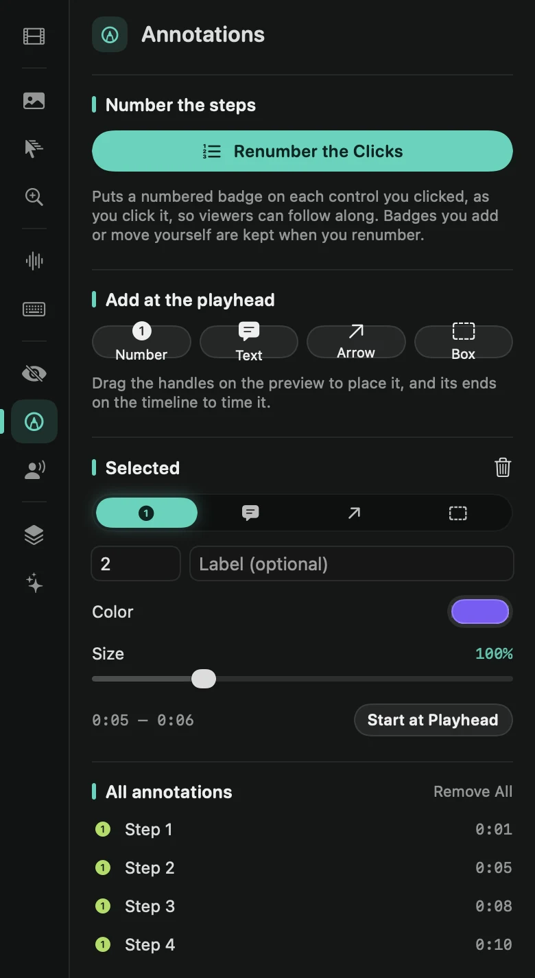 The Annotations tab: Number the Clicks, the four kinds to add, and the list of annotations