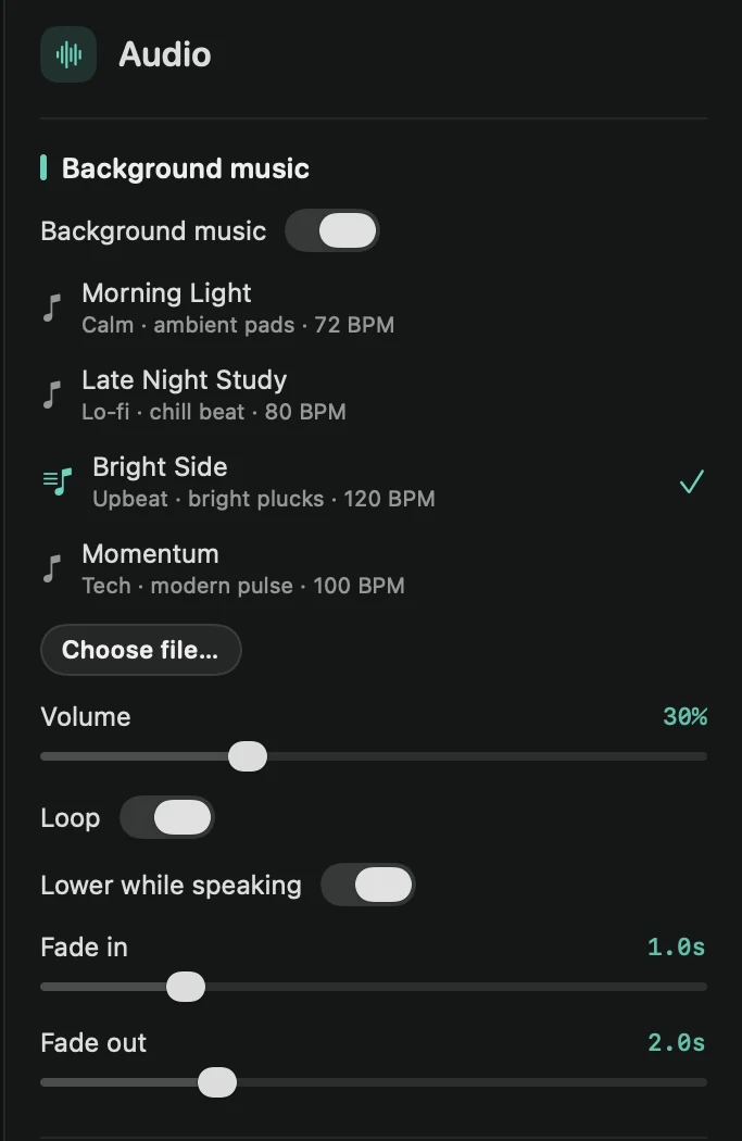 The Audio tab, with the Background music switch below Voice enhancement