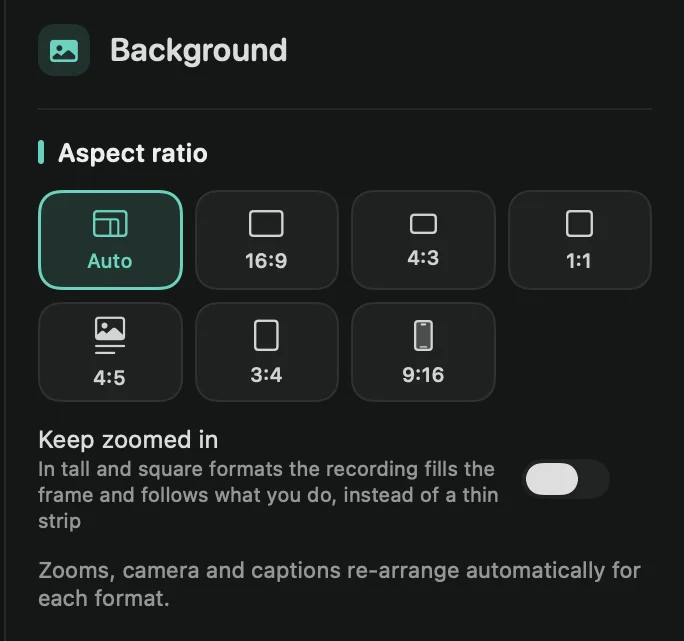 The Background tab with the Aspect ratio tiles and the Keep zoomed in switch
