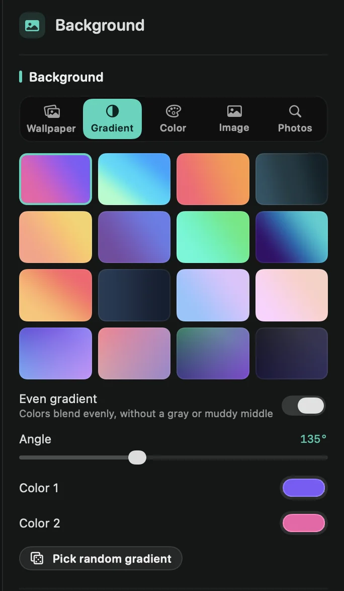The Background tab with Gradient picked: the gradients, Even gradient, Angle and the two colors