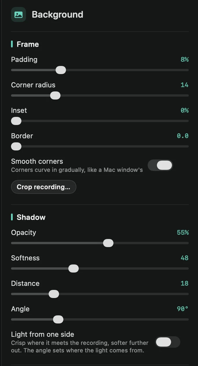 The Background tab: Frame, with Smooth corners, and Shadow, with Light from one side
