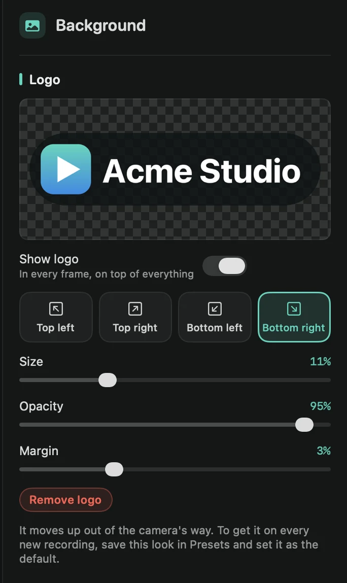 The Background tab’s Logo section with a logo added