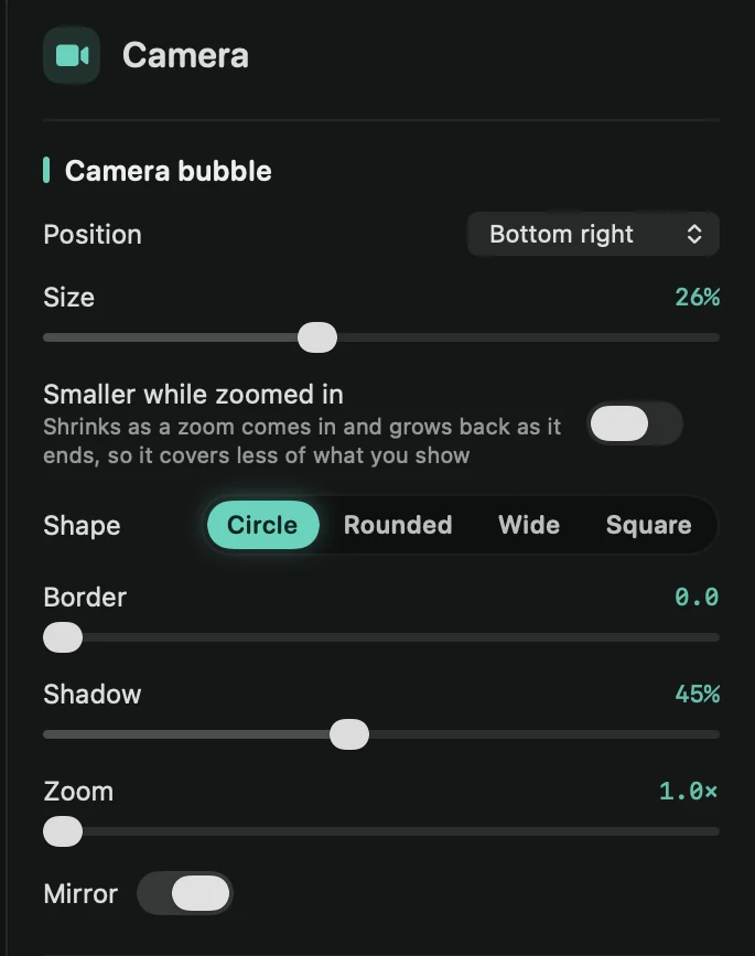 The Camera tab: Layout, Camera cutout, Camera bubble, Smart camera and Look