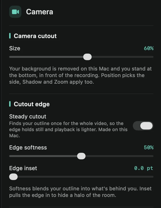 The Camera tab: Camera cutout with Size, and Cutout edge with Steady cutout, Edge softness and Edge inset