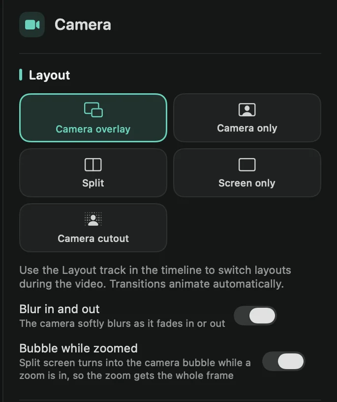 The Camera tab’s Layout section: the five layouts, Blur in and out and Bubble while zoomed