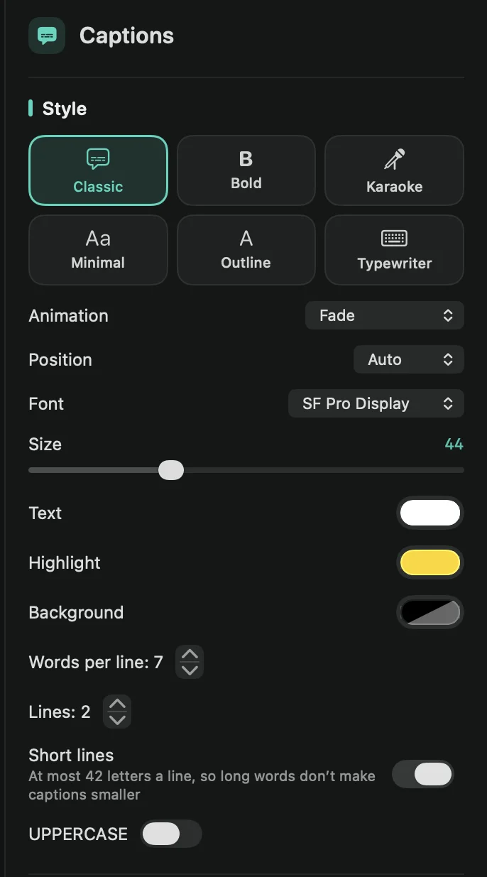The Captions tab’s Style section: the six caption styles, Animation, Position, Font, Size, colors, Words per line, Lines, Short lines and UPPERCASE