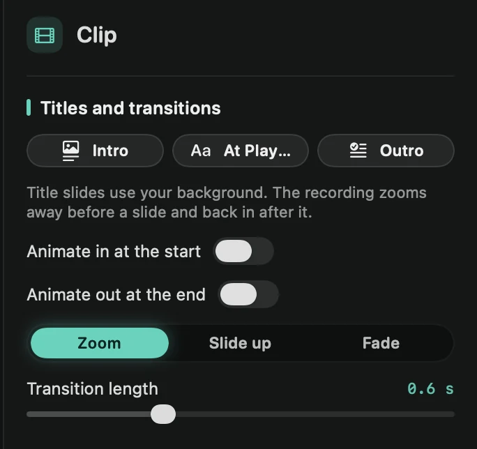 The Clip tab with nothing selected, showing Titles and transitions