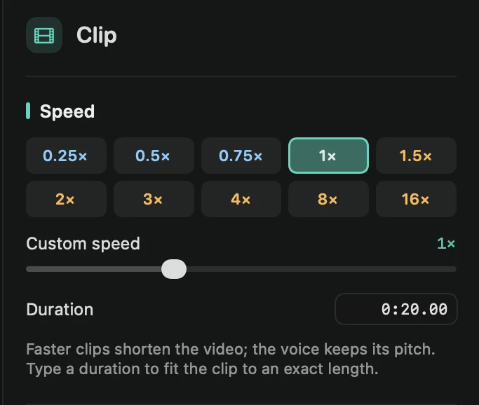 The Clip tab with a clip selected: speed buttons, Custom speed and Duration