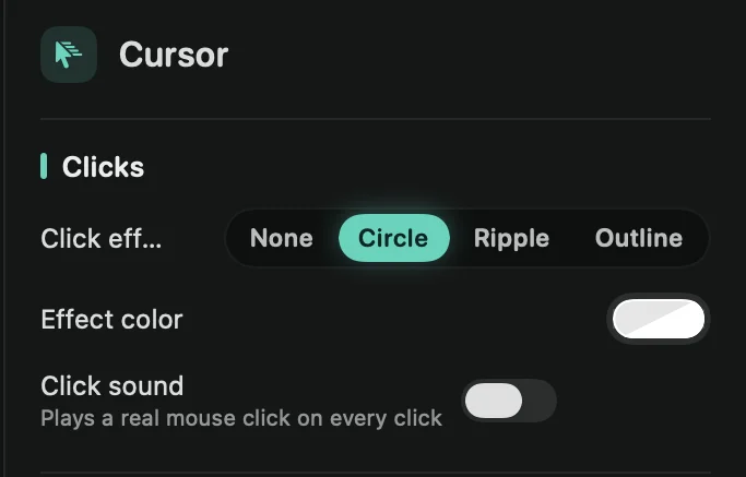 The Cursor tab, with the Clicks section: Click effect, Effect color and Click sound