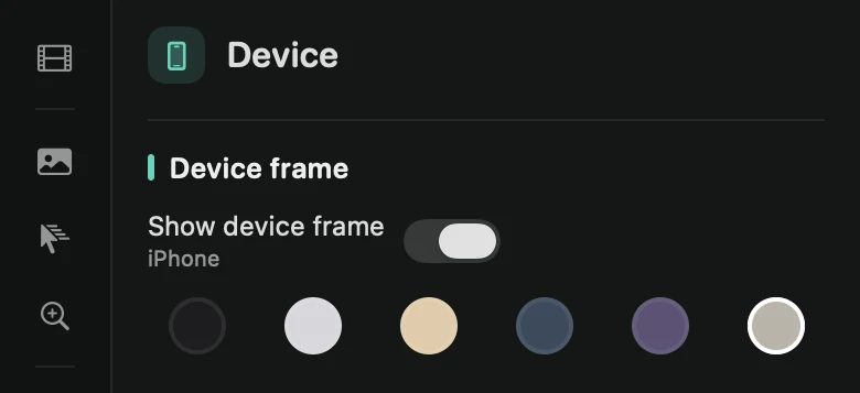 The Device tab: Show device frame and six color dots