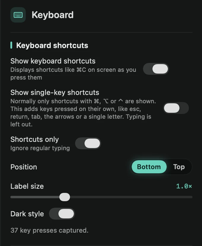 The Keyboard tab: Keyboard shortcuts options, Labels in the video and Typing