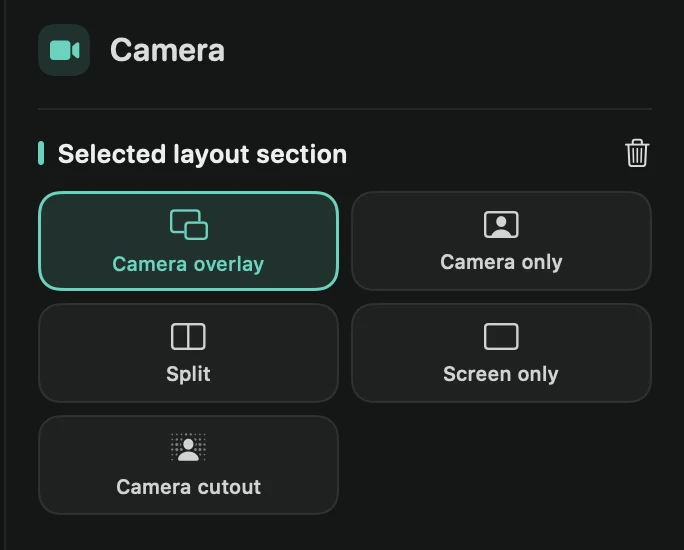 The Camera tab with a layout block selected: Selected layout section above Layout