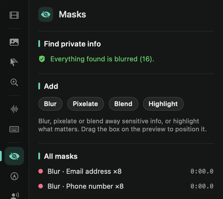 The Masks tab: Find private info, the four kinds of mask, and the list of masks
