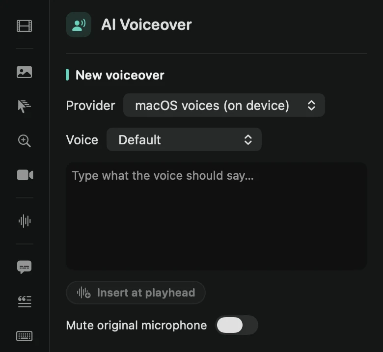 The AI Voiceover tab: Provider, Voice, the script box, Insert at playhead and Mute original microphone