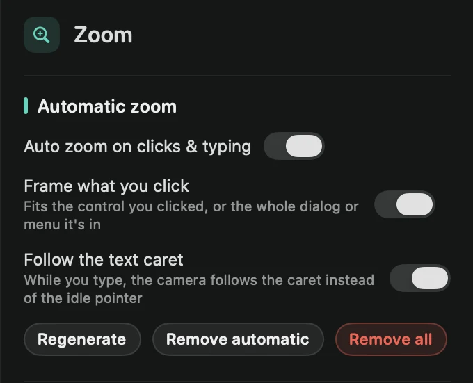 The Zoom tab: Automatic zoom with Frame what you click switched on, and Defaults