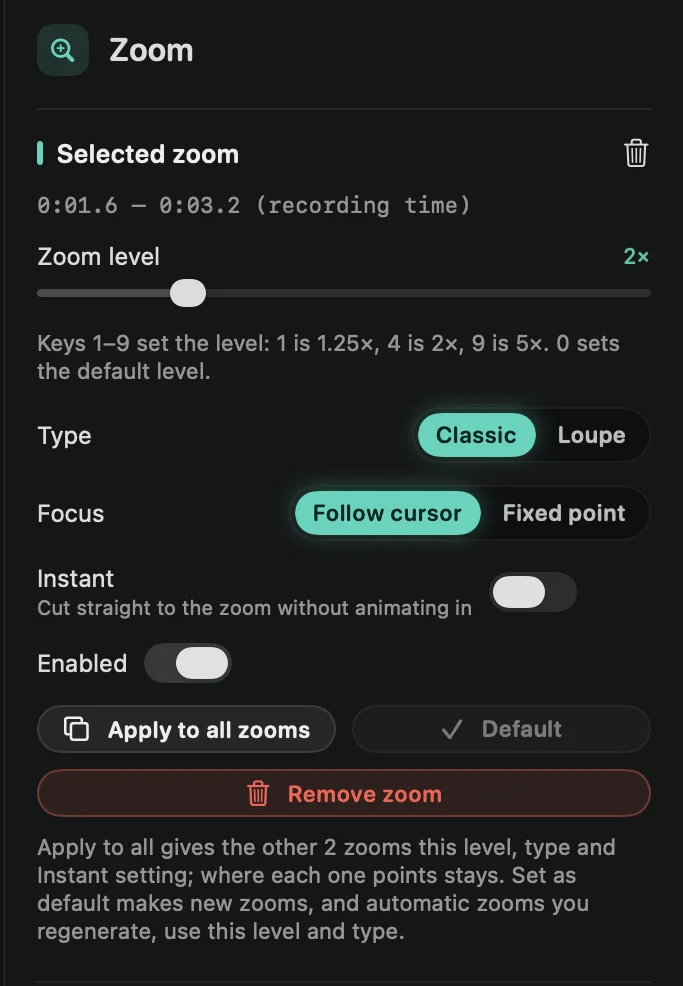 The Zoom tab with a zoom selected: Zoom level, Type, Focus, Instant and Enabled