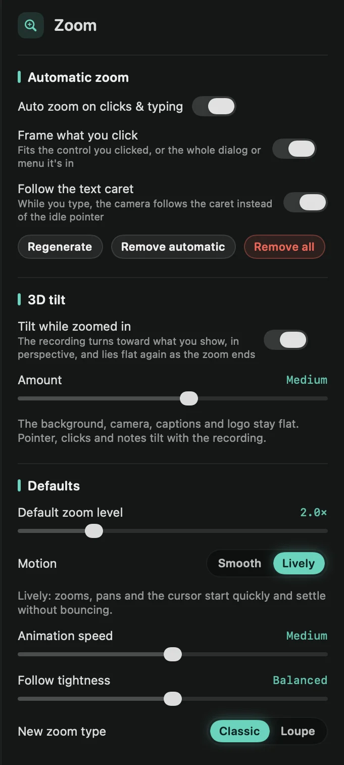 The Zoom tab: Automatic zoom, 3D tilt and Defaults