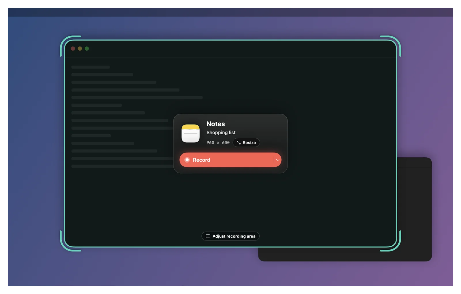 A Notes window picked, with a card showing 960 × 600, a Resize button and Record, and Adjust recording area at the bottom