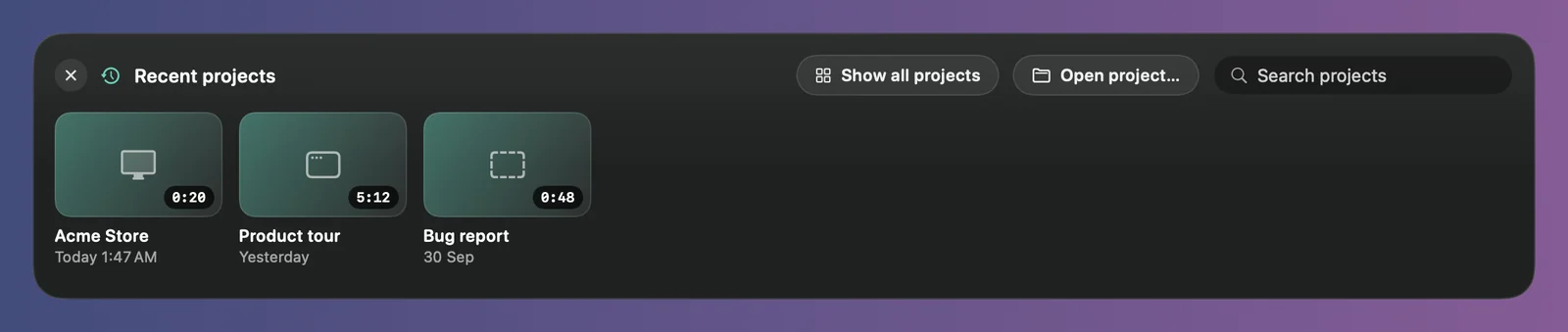 Recent projects: three project cards, Show all projects, Open project… and a search field