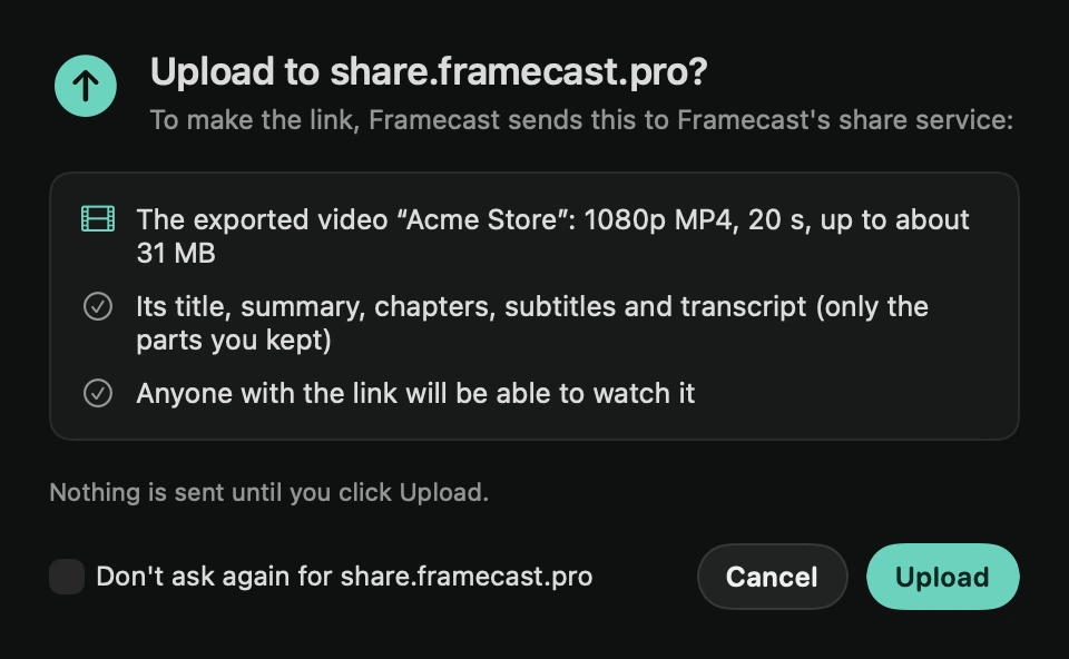 The upload question: where the video goes and what will be sent, with Cancel and Upload