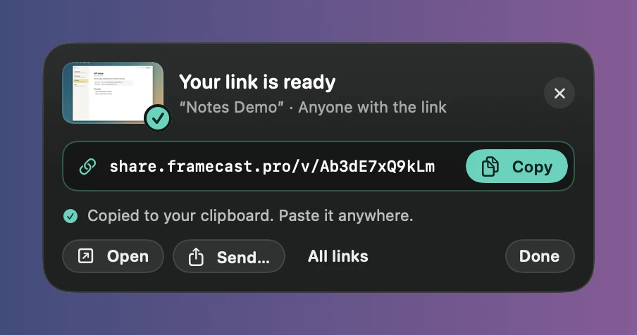 The link card: Your link is ready, the link with a Copy button, and Open, Send…, All links and Done