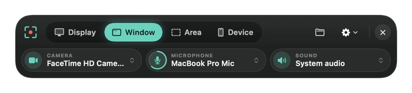 Framecast's recording console: Display, Window, Area and Device, with camera, microphone and sound